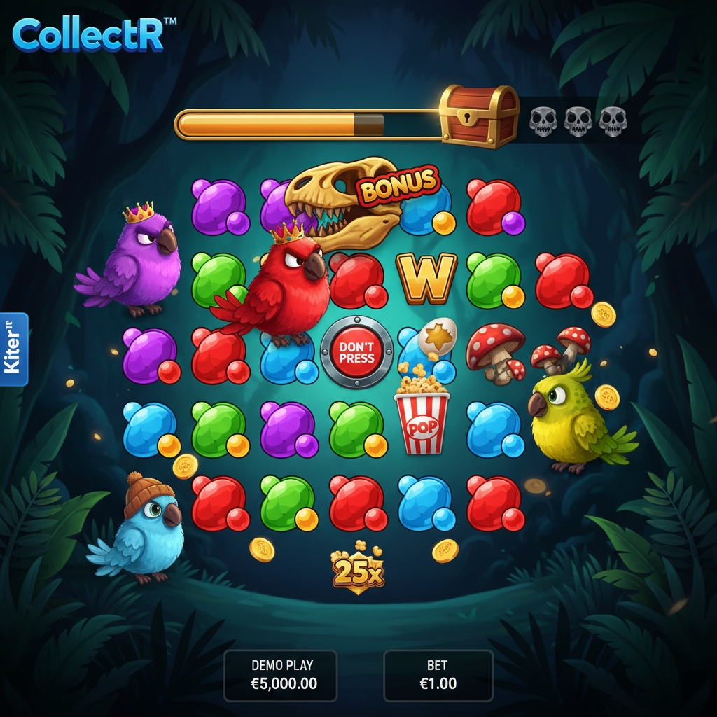 PIROTS 2 slot game featuring four collecting birds in prehistoric jungle with treasure chest, red purple yellow and blue birds, amber gems, dinosaur skulls, and expanding game grid