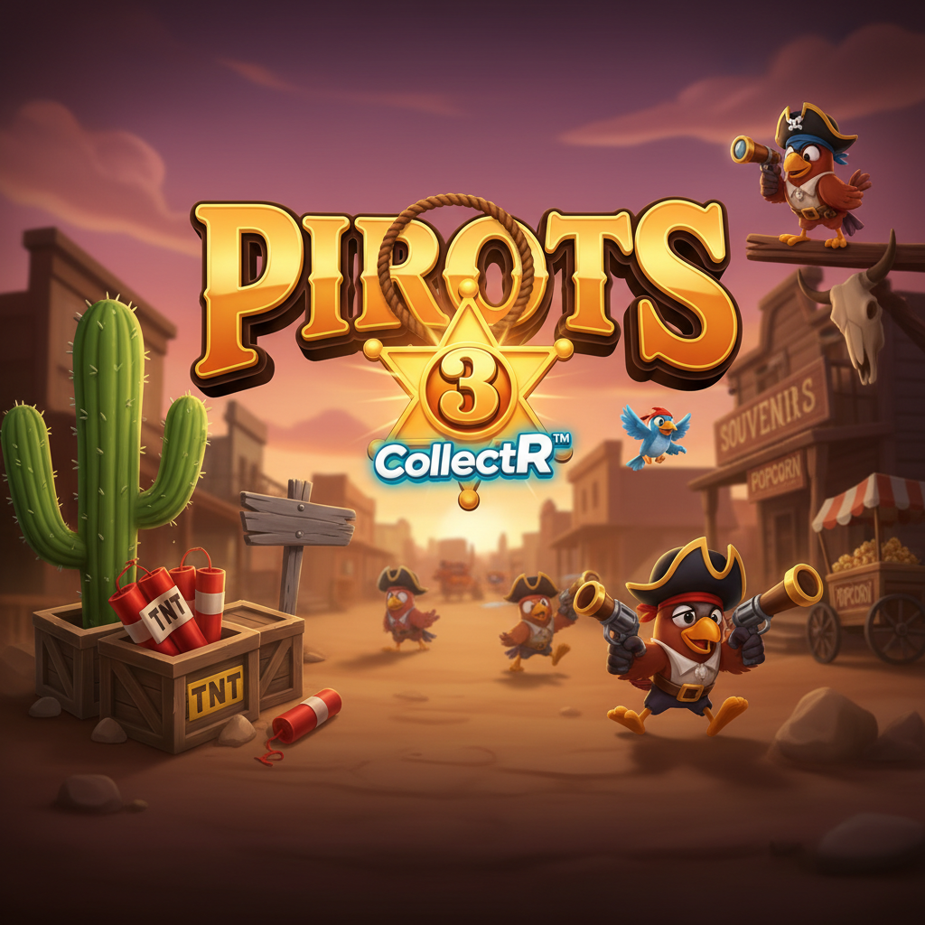 PIROTS 3 slot game featuring cartoon bird bandits in Western attire with guns, TNT crates, golden PIROTS logo with rope lasso, sheriff star badge with number 3, saguaro cactus, and dusty Western town at sunset in background
