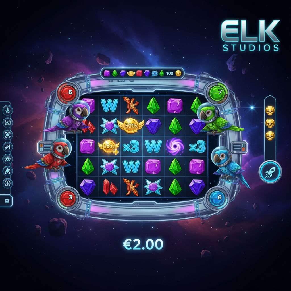 Pirots 4 slot game by ELK Studios featuring four collector birds in space suits - red, purple, green and blue - on a metallic space station grid with cascading gem symbols and cosmic background