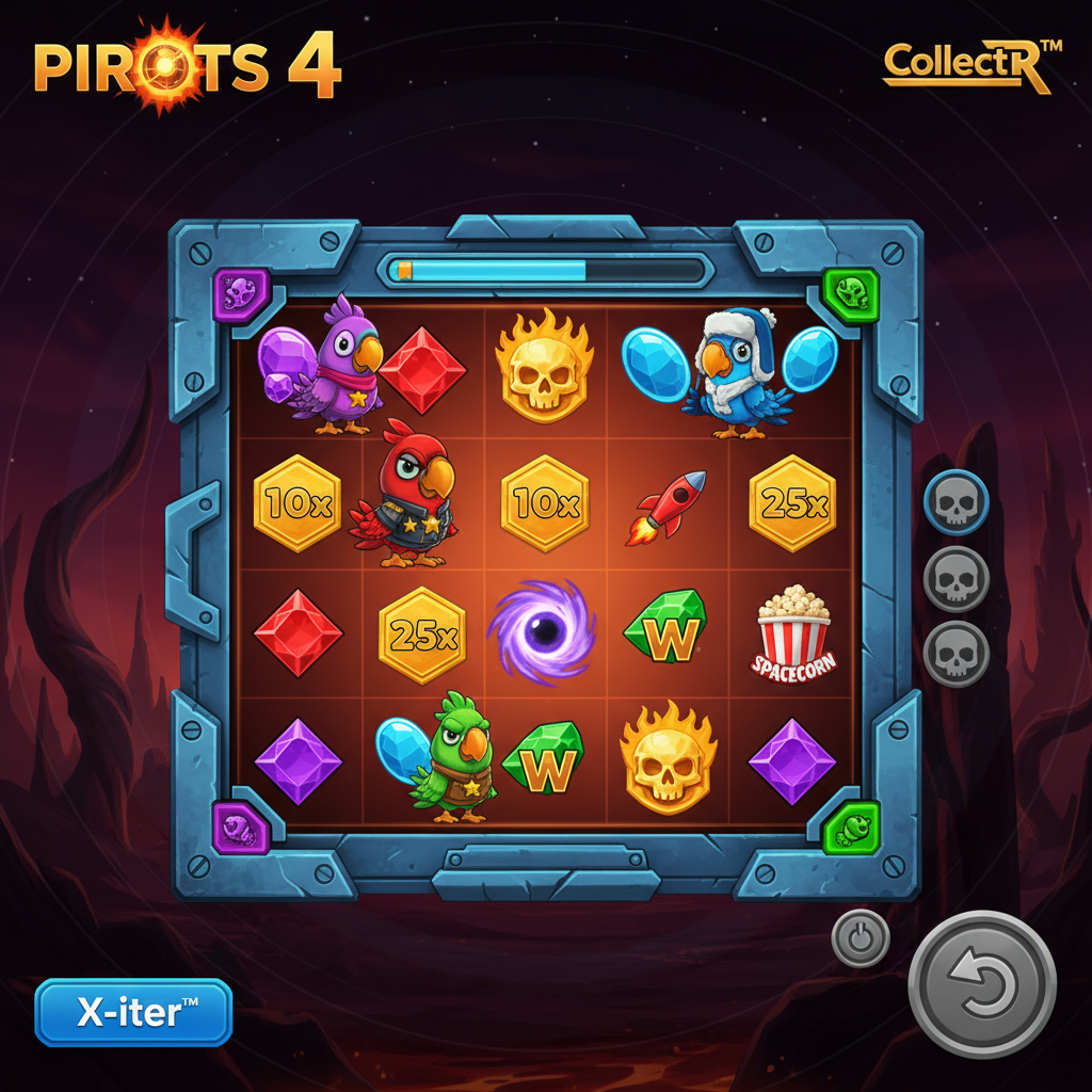 Pirots 4 CollectR slot game featuring four space-pirate parrot characters in a metallic space station frame against an alien volcanic planet landscape with bonus skulls and gem symbols