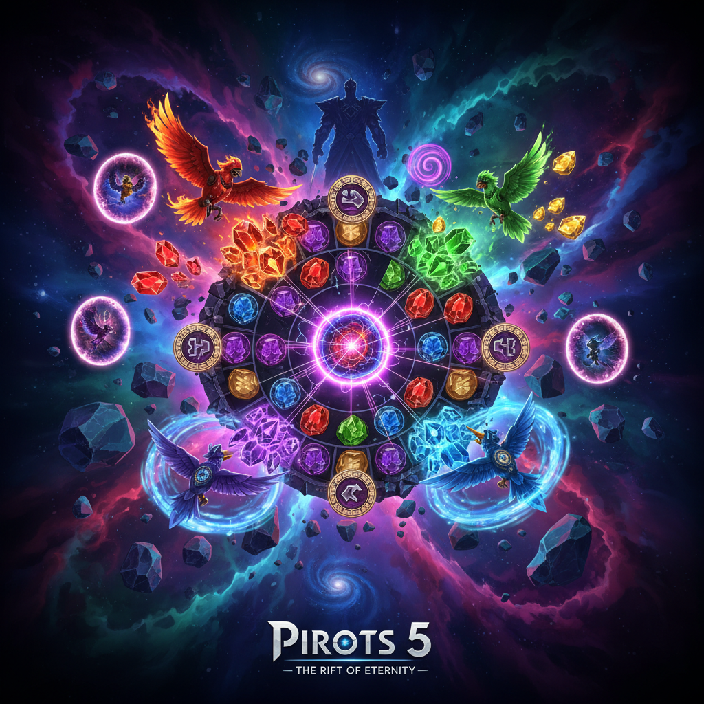 Pirots 5 The Rift of Eternity slot game featuring four chrono-birds (red Flame of Future, purple Keeper of Possibilities, green Guardian of Life, blue Master of Time) flying through collapsing dimensional rifts with Reality Core and cosmic portals