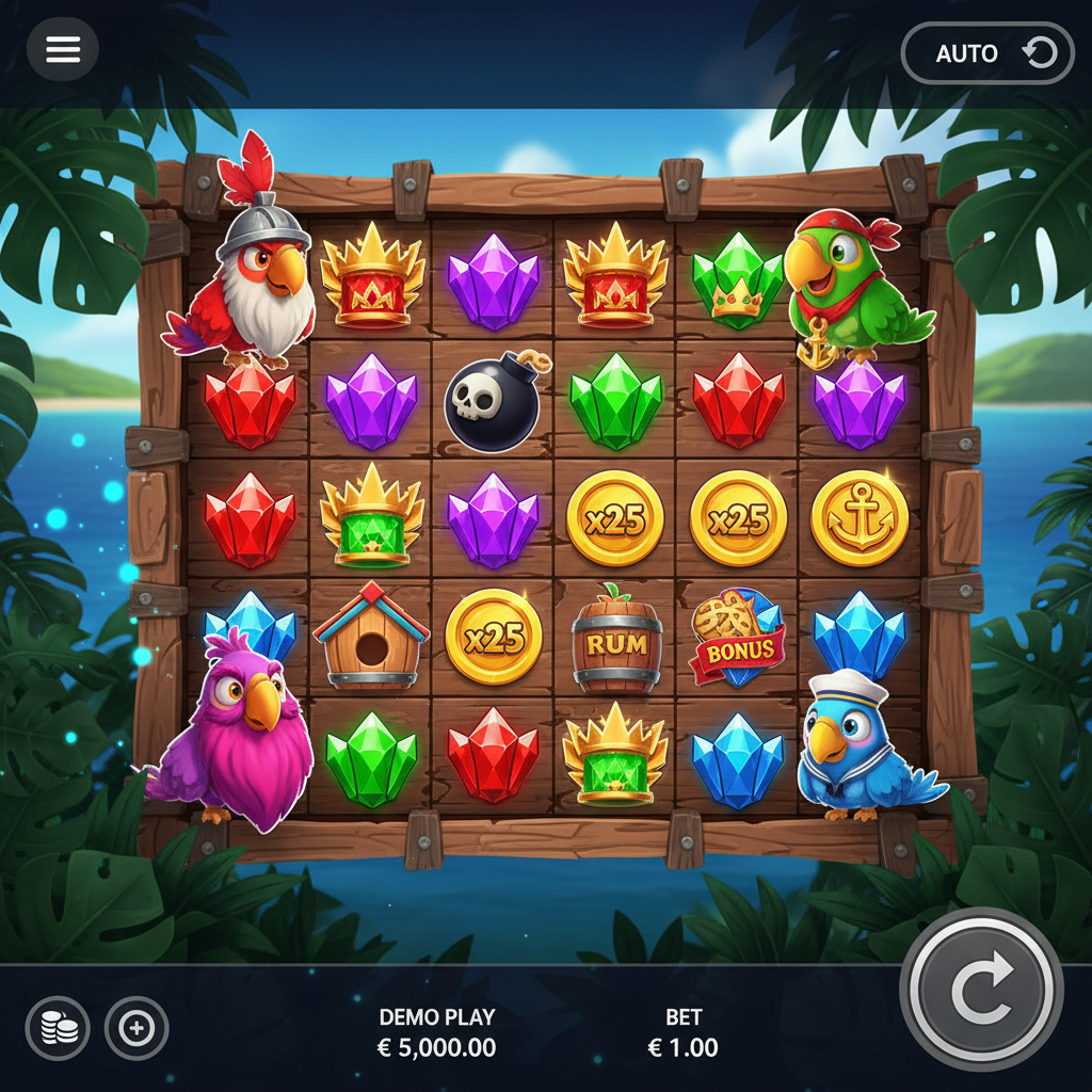 Pirots slot game featuring four cartoon pirate parrots - red warrior with helmet, green captain with bandana, purple sage with beard, and blue sailor - surrounded by colored crystals, golden anchors, and tropical island scenery on wooden framed 5x5 grid