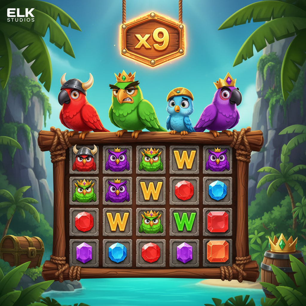 Pirots X slot game by ELK Studios featuring four cartoon pirate parrots with golden helmets and crowns perched on wooden frame above tropical island game grid with colorful owl and gem symbols